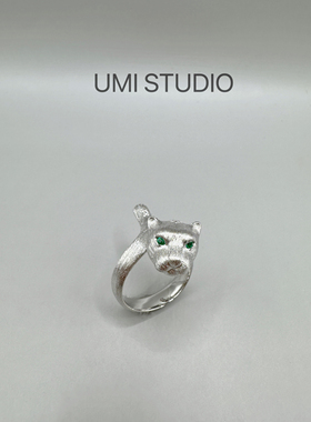 UMI家·轻珠宝/S915银镀金·复古手工拉丝金钱豹子头戒指小众轻奢