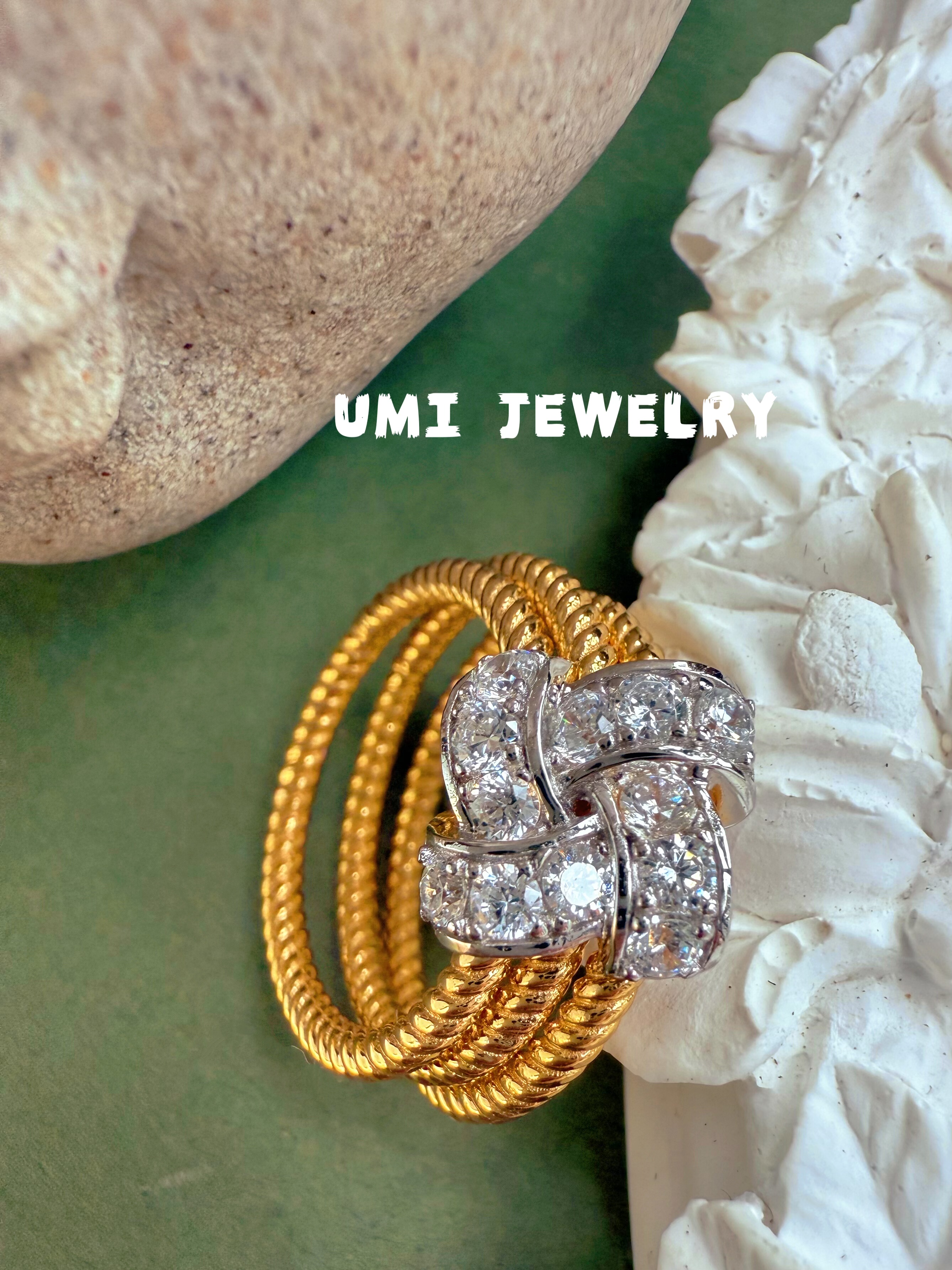 UMI【邂逅】S925银镀k金三环交织镶钻麻花小众设计高级轻奢女戒