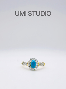 UMI家·轻珠宝/S925银镀k金·优化绿松镶钻拉丝女戒轻奢复古高级