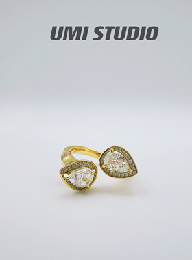 UMI家·轻珠宝/S925银镀金·【私奔巴黎】双头水滴竹节女戒法式