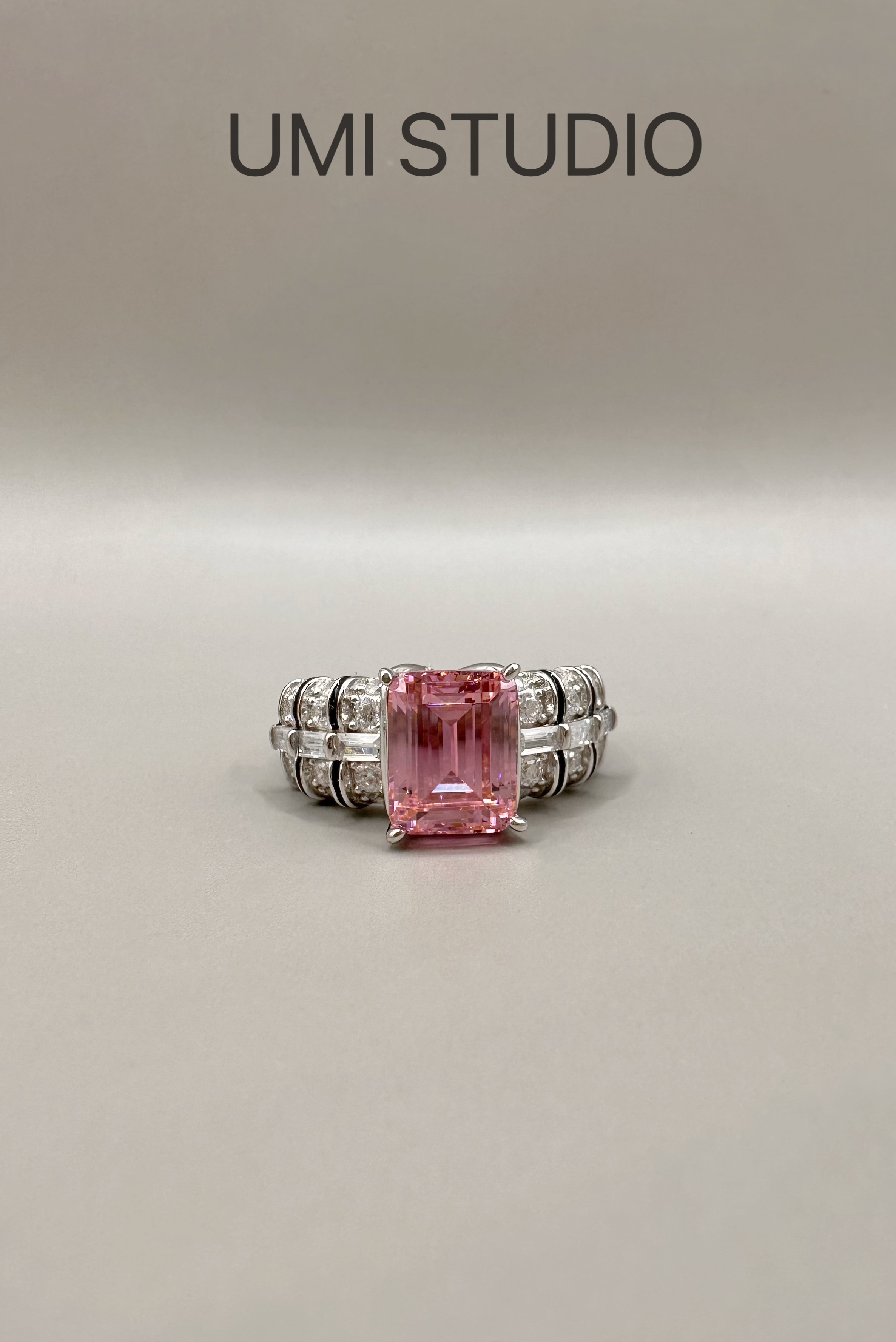 UMI家·轻珠宝/S925银镀真金·粉钻珐琅满钻黑件金戒指·甜酷