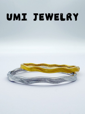 UMI【绸缎】S925银镀k金意大利拉丝波浪纹小众轻奢高级纯银手镯女
