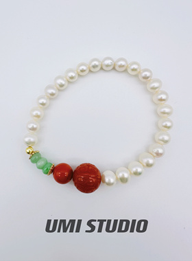 UMI家·轻珠宝/S925银镀金·强光淡水珍珠风铃南红回纹珠手串国风