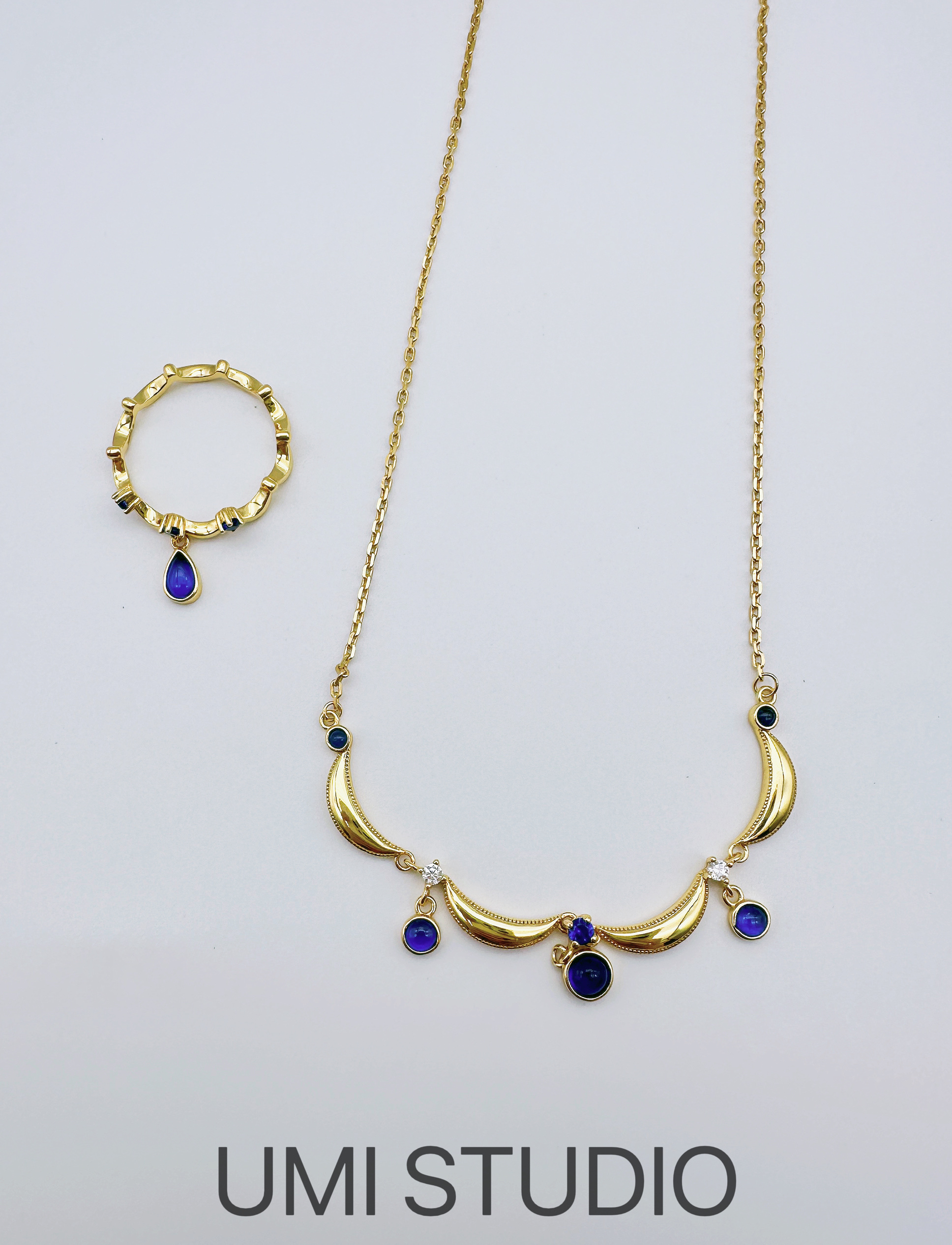 UMI家·轻珠宝/S925银镀k金·小众设计培育蓝宝石水滴项链戒指