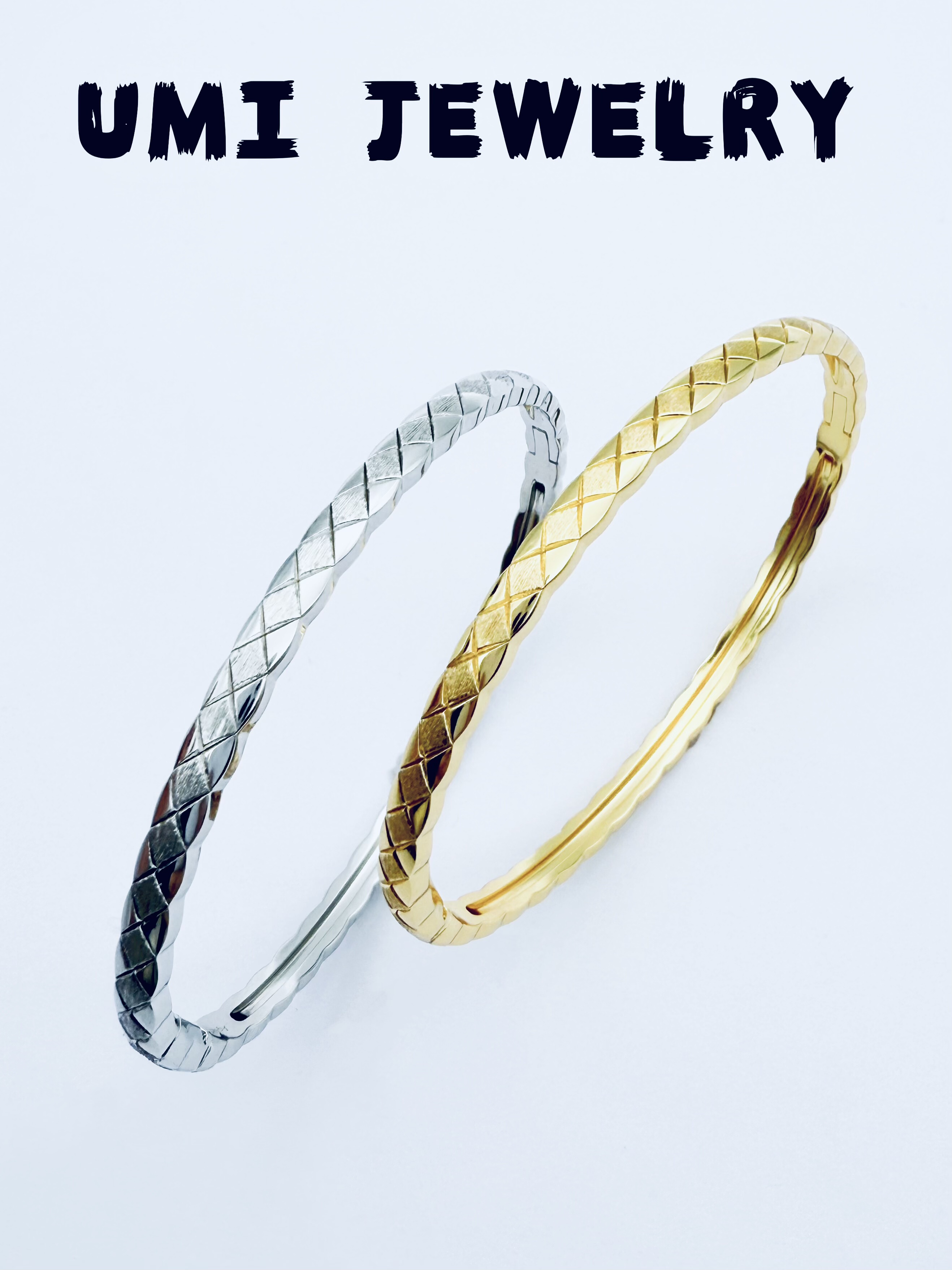 UMI【下午茶】S925银镀k金金银两色小香风菱格纹轻奢通勤纯银手镯