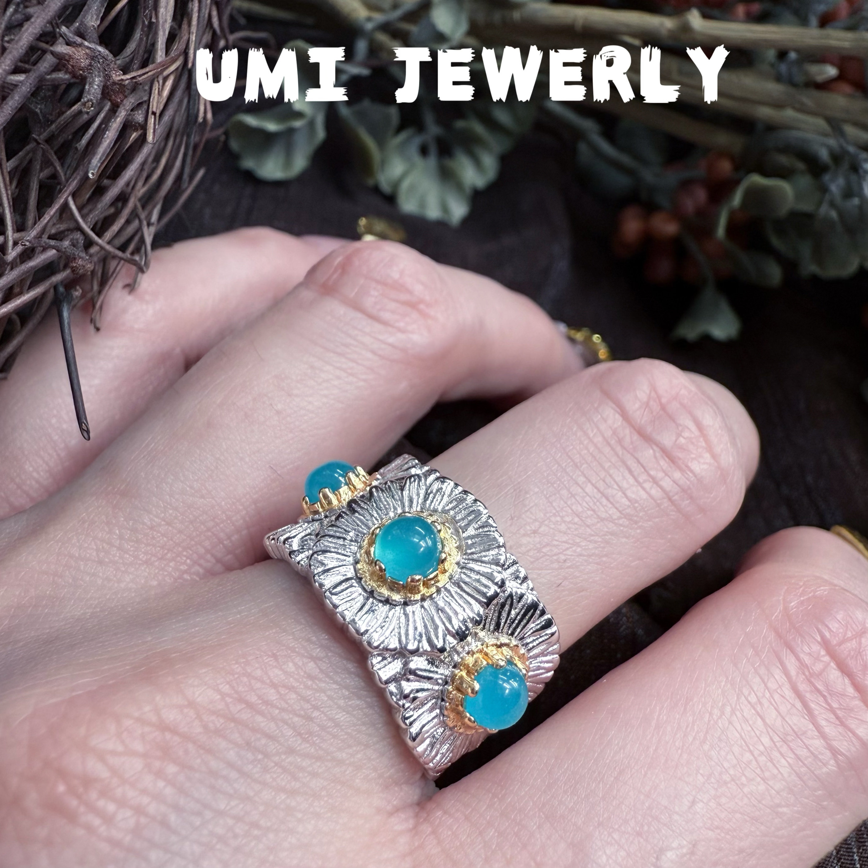 UMI家·轻珠宝/S925银镀k金·布切拉提雏菊蓝玛瑙戒指复古设计