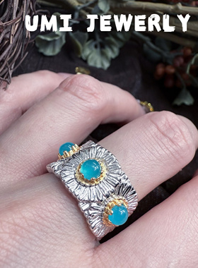 UMI家·轻珠宝/S925银镀k金·布切拉提雏菊蓝玛瑙戒指复古设计