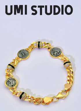 UMI家·轻珠宝/S925银镀k金复刻古币三币珐琅彩镶钻古巴手链高级