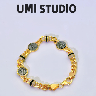 UMI家·轻珠宝 S925银镀k金复刻古币三币珐琅彩镶钻古巴手链高级