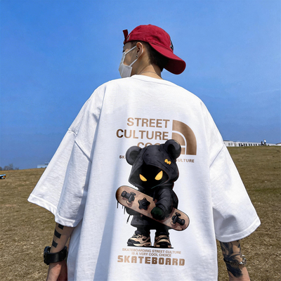 WASSUP BROWN美潮小熊纯棉T恤短袖男夏季宽松圆领百搭休闲半袖