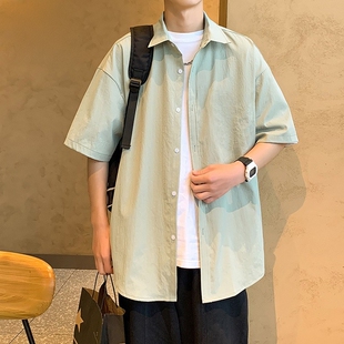 浅绿色短袖衬衫男款高级感痞帅夏季日系cityboy简约半袖衬衣外套