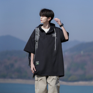 短袖衬衫男款港风休闲夏季2026新款连帽宽松oversize衬衣