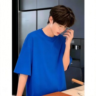 半袖 WASSUP 宽松纯色圆领五分袖 T恤男夏季 BROWN克莱因蓝纯棉短袖