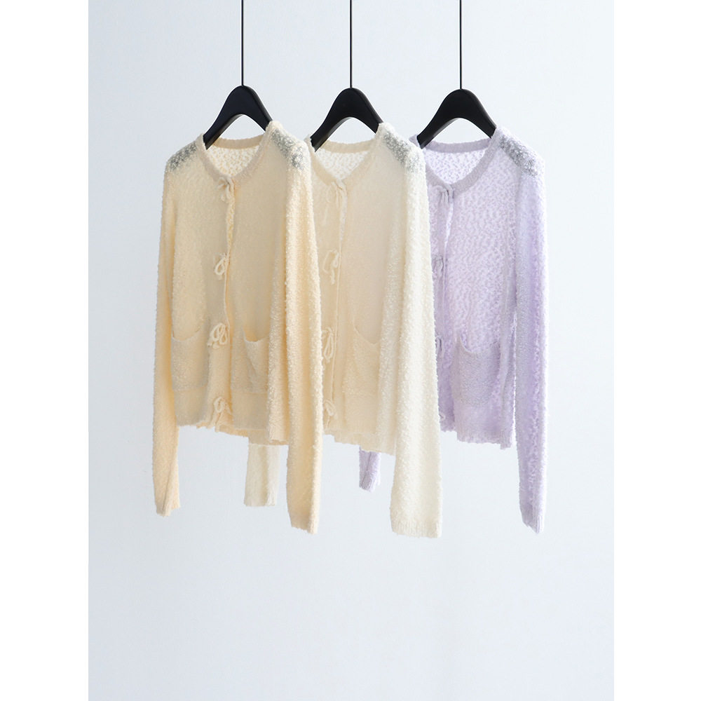 韩单肌理感羊朵绒口袋针织衫圆领系带开衫26早春简约甜美外搭上衣