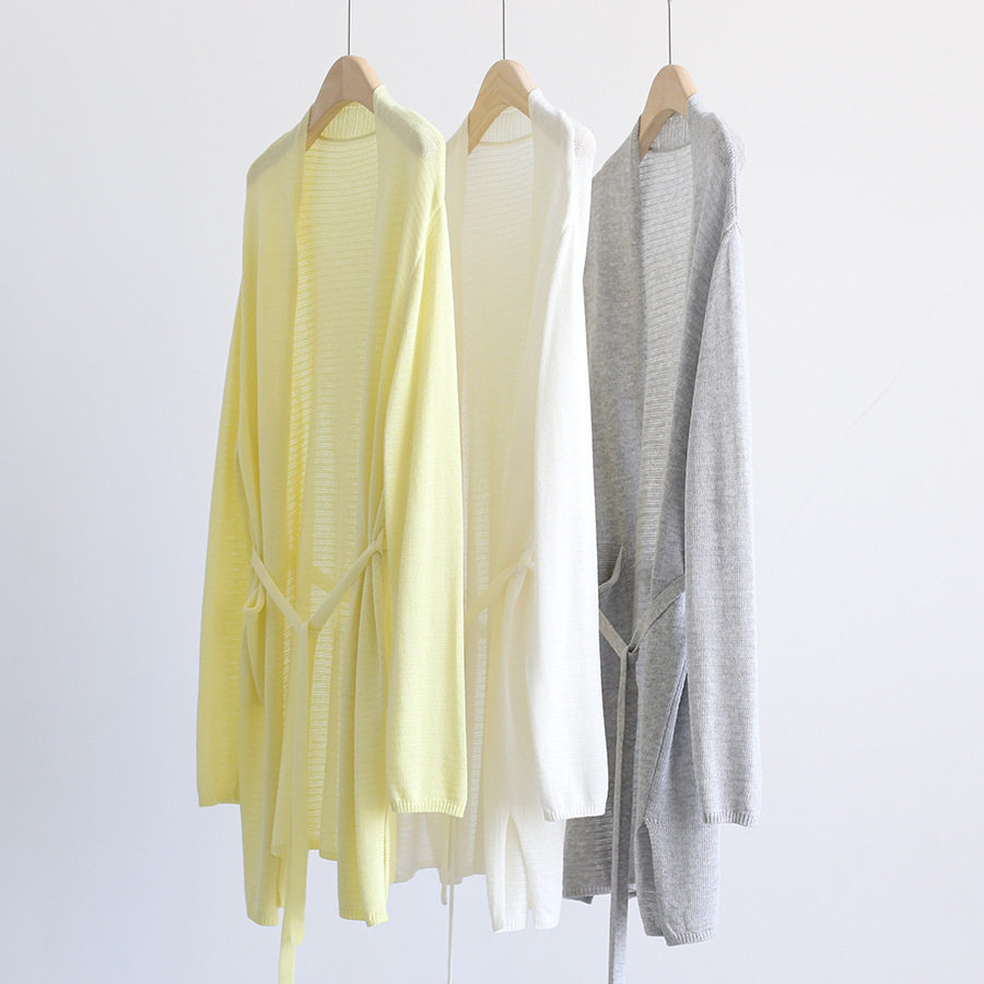 春夏法式慵懒气质通勤百搭系腰带针织开衫中长款外搭上衣亚麻外套