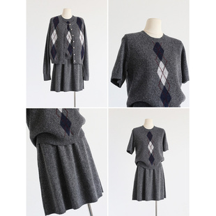 秋冬Miu系菱形格子洋气圆领短袖针织衫高腰A字短裙长袖开衫套装女