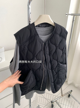 经典百搭黑色葫芦纹棉服马甲外套女秋冬宽松显瘦外穿拉链棉马夹