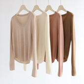 秋冬羊毛混纺下摆弧形针织上衣女u领买一外传百搭气质软糯打底衫