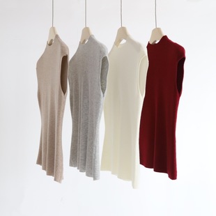 肌理感人字纹半高领包袖 背心女羊毛混纺收腰内搭背心 坎肩针织无袖