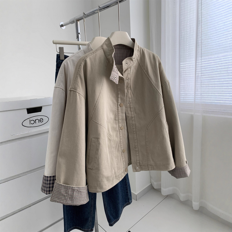 日杂风立领拼接夹棉外套女洋气复