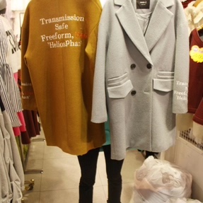 现货韩国东大门进口Frigg J时尚双排扣字母毛呢大衣咖啡色