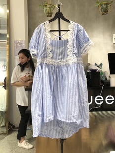 现货韩国东大门进口2023春夏新款helder小清新条纹露背短袖连衣裙