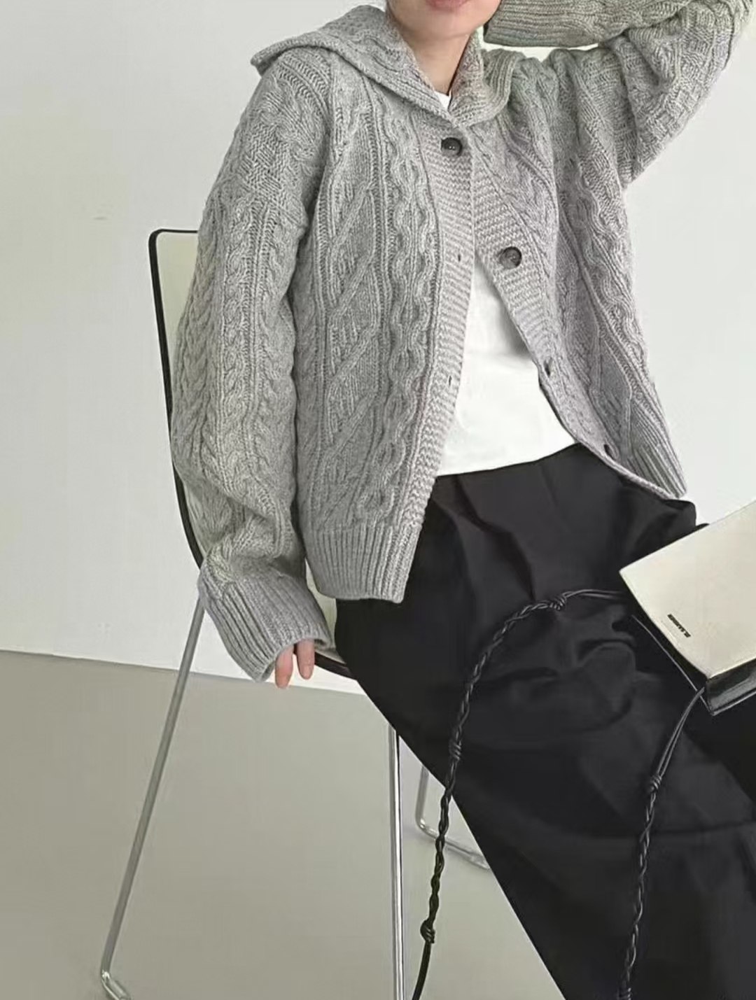 韩国东大门进口LamagieFemme时尚百搭大翻领麻花长袖毛衣外套