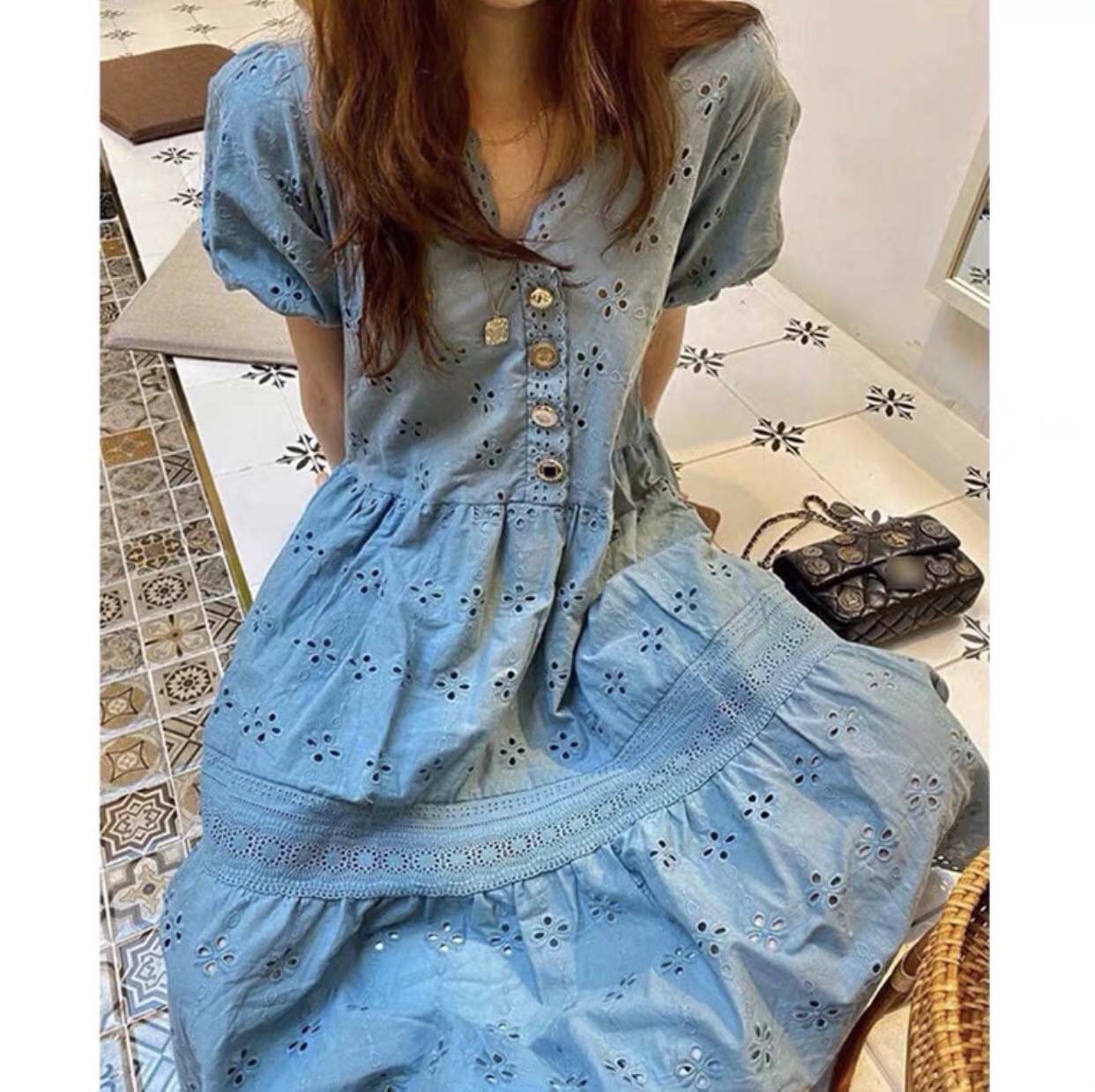 现货韩国进口2023春夏新款tara by motion时尚宫廷风短袖连衣裙