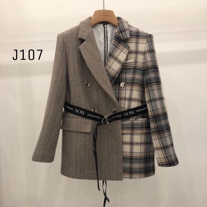 韩国东大门进口js new york时尚拼接百搭长袖毛呢西装外套