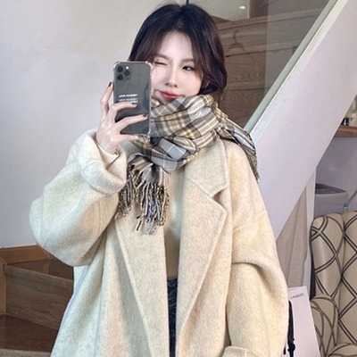 燕麦色双面羊绒大衣女2025秋冬新款韩版宽松中长款高端羊毛呢外套