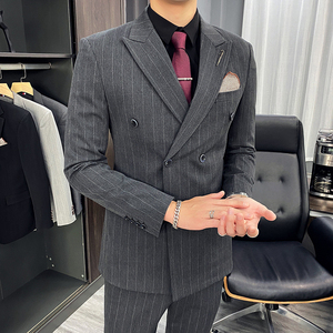 西服套装男修身条纹休闲商务西装双排扣三件套TZ35-P230大码加价图片