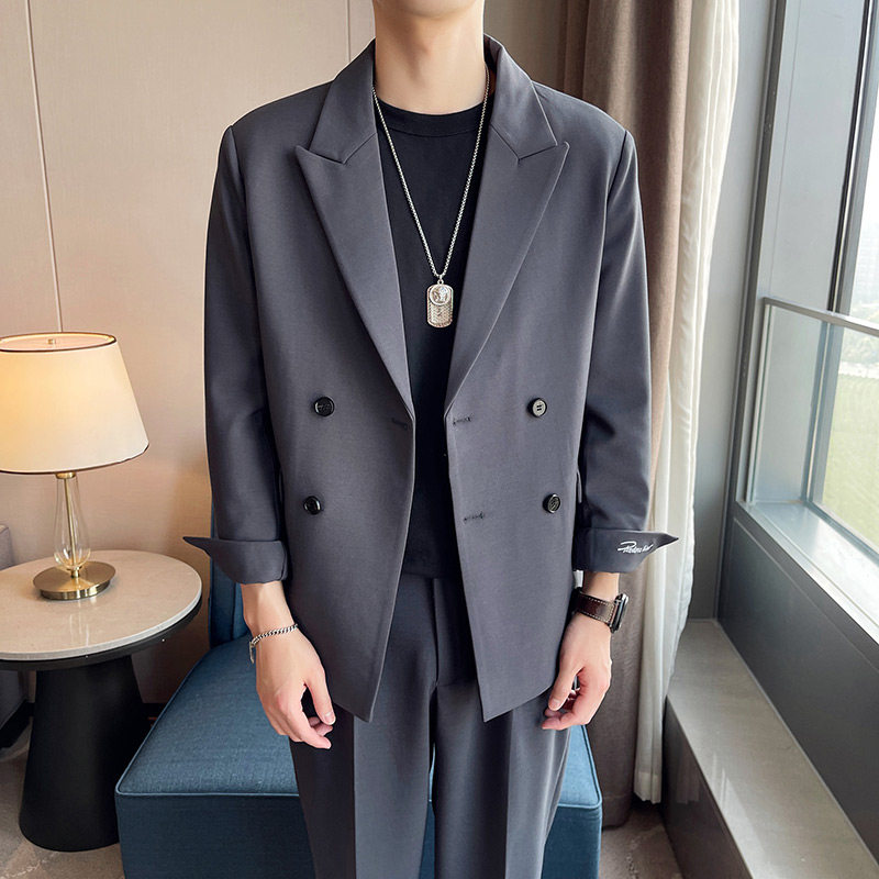 ins痞帅宽松西装男套装双排扣西装A470-LJT819-P200,男装西服套装,电商A207