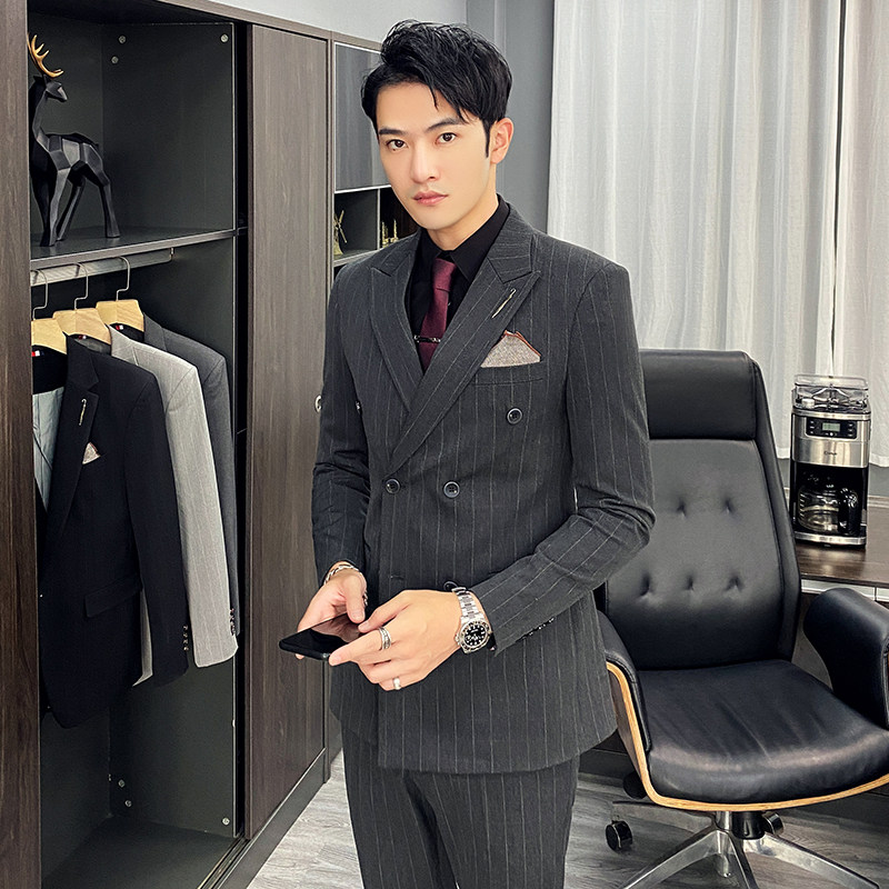 西服套装男修身条纹休闲商务西装双排扣三件套TZ35-P230大码加价图片