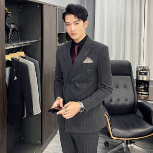 西服套装男修身条纹休闲商务西装双排扣三件套TZ35-P230大码加价图片
