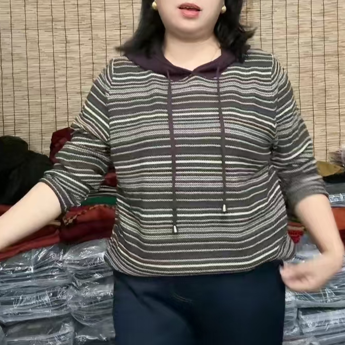 复古连帽条纹针织女秋季新款系带设计宽松中年妈妈装休闲打底衫