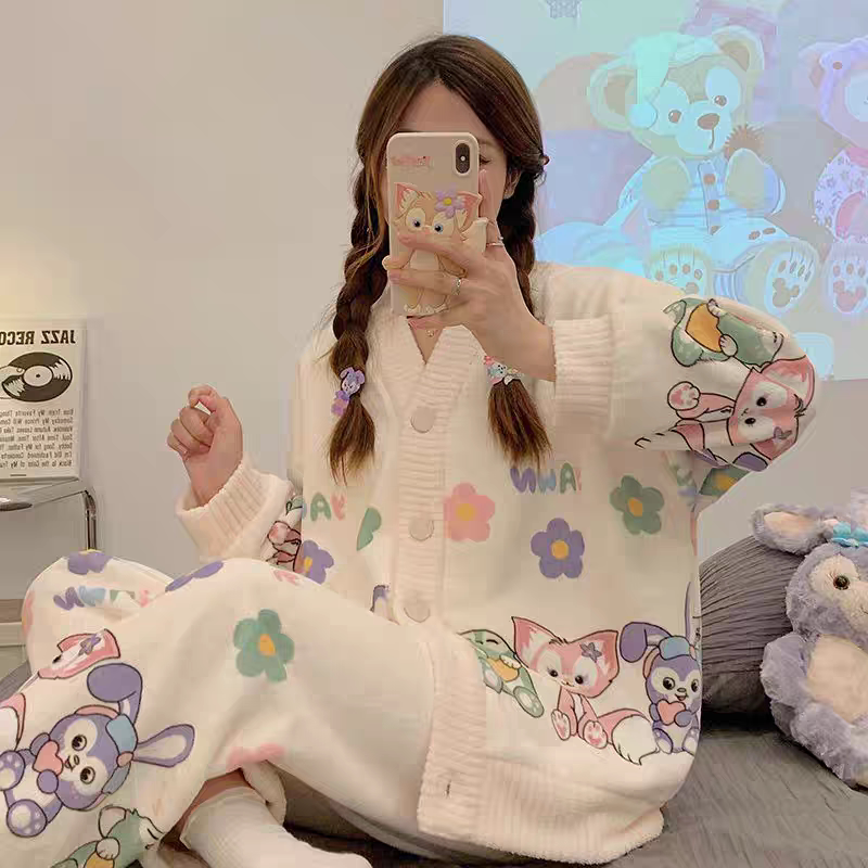 法兰绒睡衣女士长袖开衫公主风卡通甜美可爱套装大码家居服可外穿