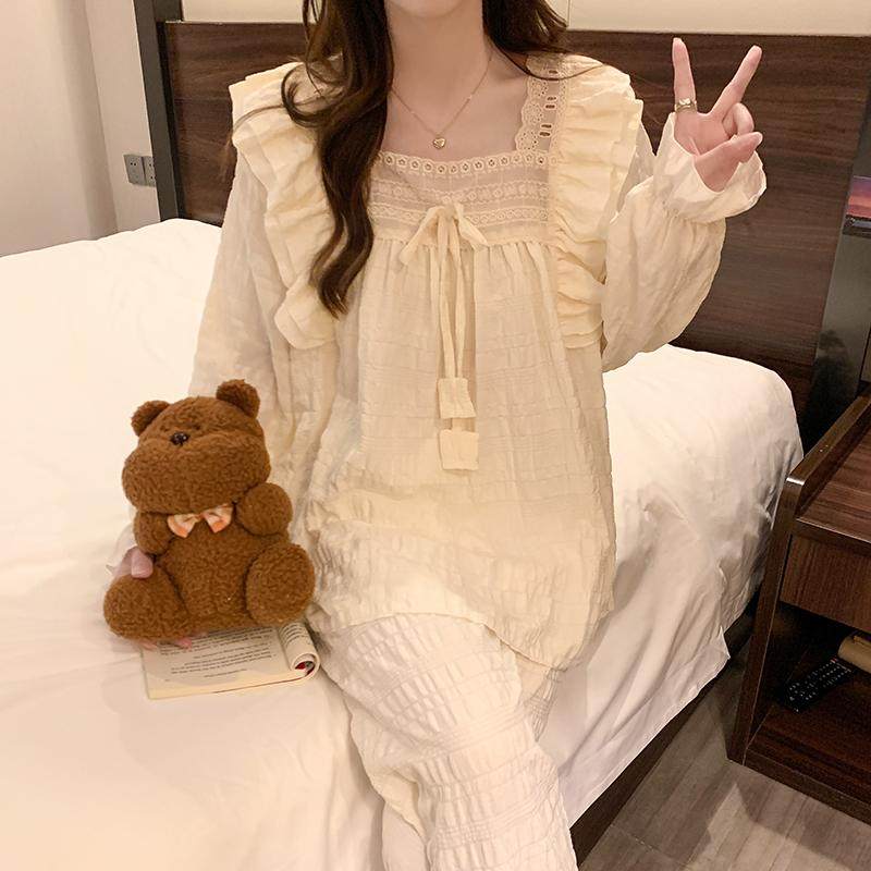 云朵棉睡衣春季长袖薄款甜美公主风蕾丝可爱开衫翻领家居服可外穿