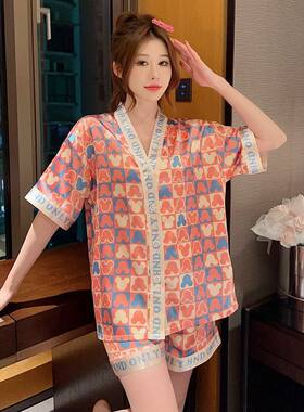 短袖睡衣女夏冰丝开衫情侣家居服