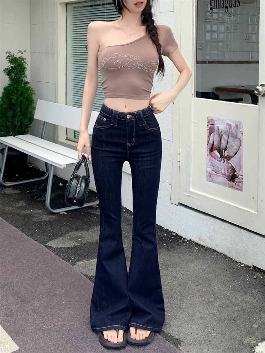 复古深蓝色显瘦直筒牛仔裤女夏季新款韩版百搭高腰紧身拖地喇叭裤