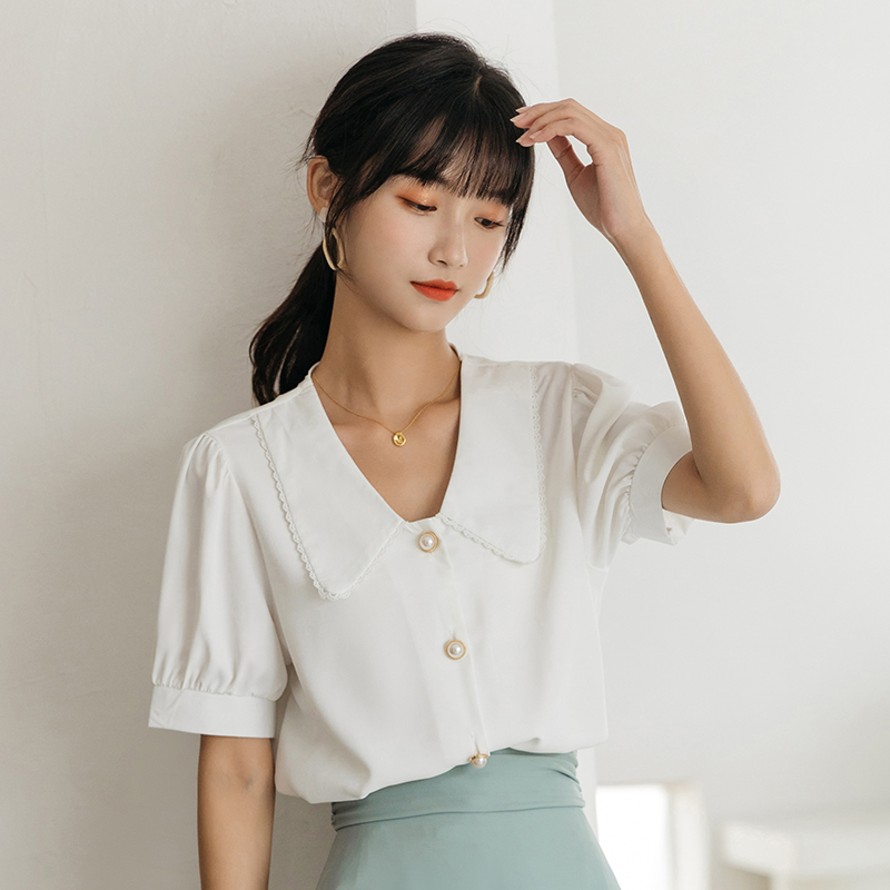 娃娃领雪纺白衬衫女短袖宽松夏季韩国新款双层不透职业ol上衣