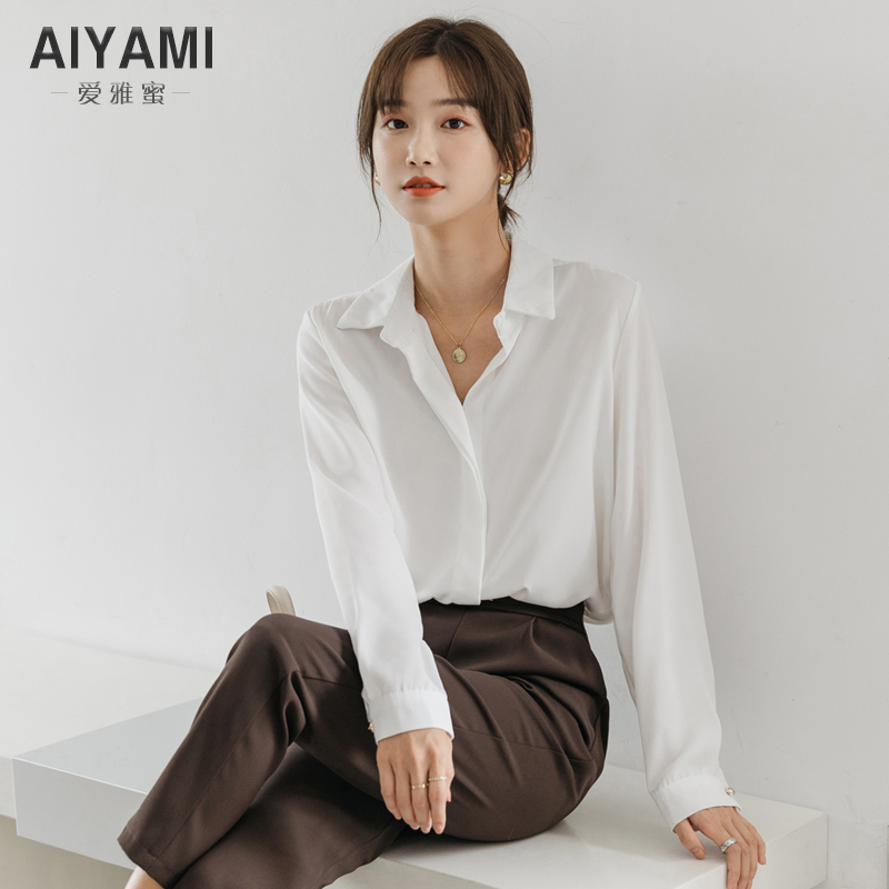 职业正装白色长袖衬衫女设计感小众气质翻领盐系衬衣法式通勤上衣