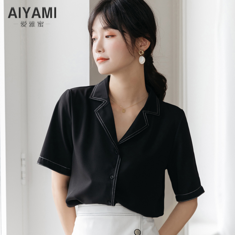 夏秋新款韩范黑色雪纺衬衫女短袖宽松百搭设计感长袖气质上衣