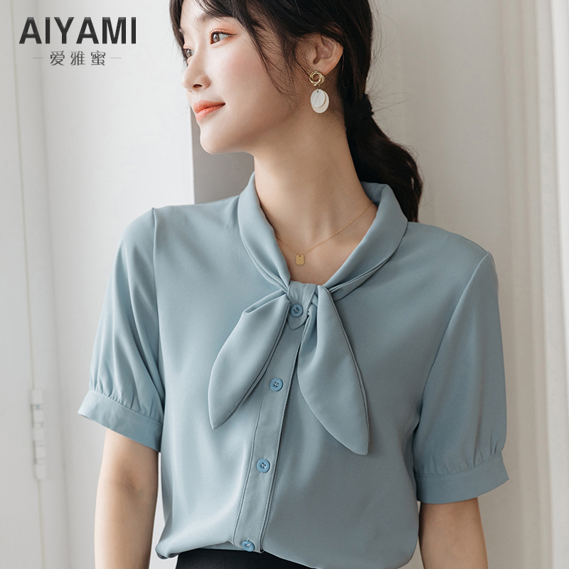 气质短袖领结雪纺衬衫女夏设计感小众温柔风蓝色上衣复古衬衫上衣