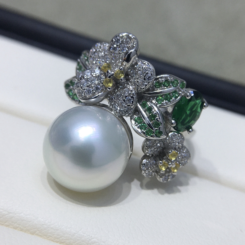 花开富贵 S925银时尚气质豪华款澳白戒指 11-12mm白色海水珍珠