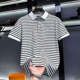 T恤男夏季 大码 条纹短袖 潮牌ins百搭男装 上衣服 翻领POLO衫 冰丝半袖