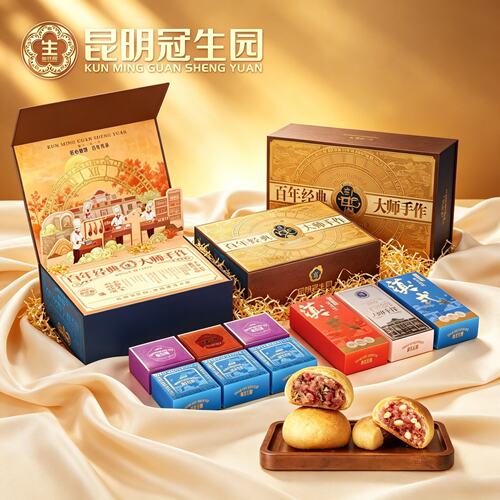 昆明冠生园中秋礼盒百年经典大师手作1200g云腿松仁月饼鸡枞鲜花