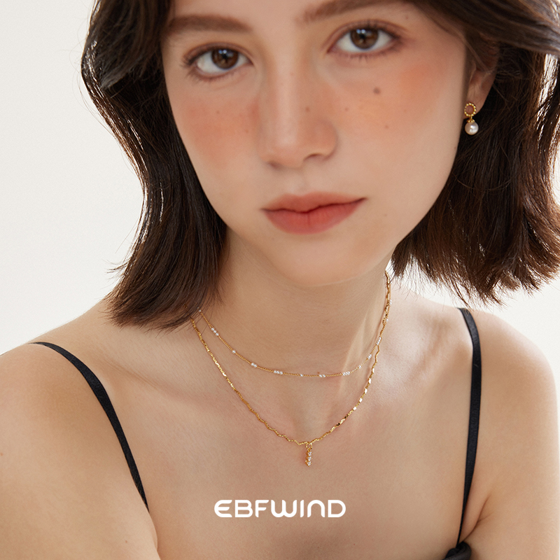 EBFWIND藤与蔓小众极简精致迷你仿珍珠波浪链镶锆石吊坠叠戴项链
