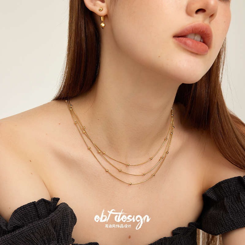 耳边风圆珠间隔三层链条项链