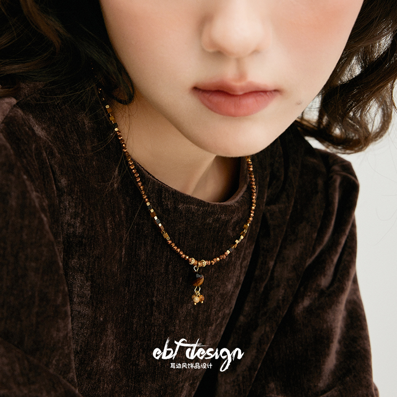 EBFWIND沉浮琥珀 氛围感虎眼石渐变串珠复古新中式项链毛衣链