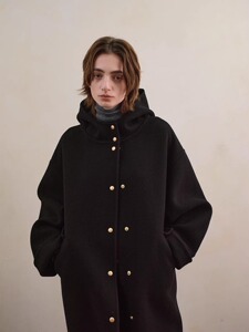 韩国东大门23款双面羊绒大衣女中长款连帽金属扣小个子宽松外套女